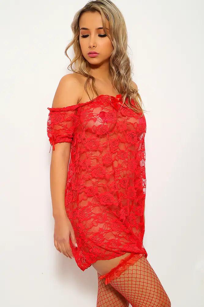 Red Off The Shoulder Baby Doll Lingerie - AMIClubwear