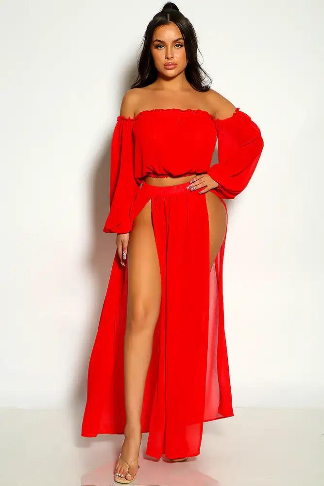 Red Off The Shoulder Cropped Maxi Two Piece Dress - AMIClubwear