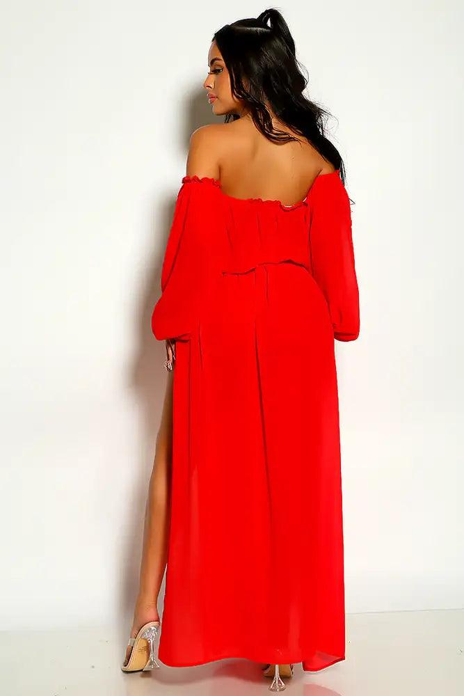 Red Off The Shoulder Cropped Maxi Two Piece Dress - AMIClubwear