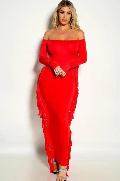 Red Off The Shoulder Long Sleeve Fringe Detail Maxi Dress - AMIClubwear