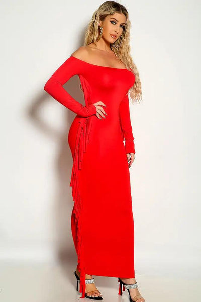 Red Off The Shoulder Long Sleeve Fringe Detail Maxi Dress - AMIClubwear