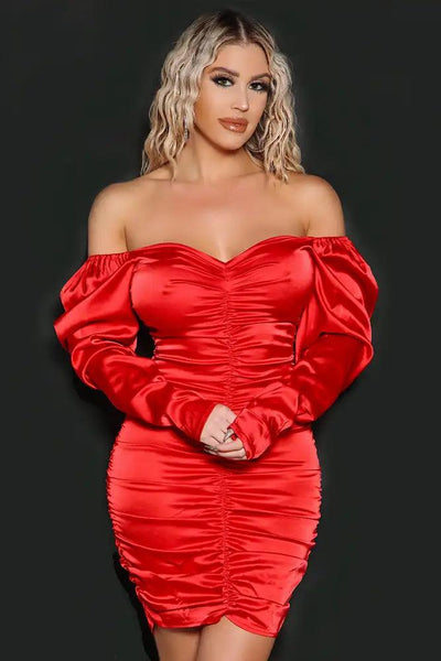 Red Off The Shoulder Long Sleeve Satin Ruched Party - AMIClubwear