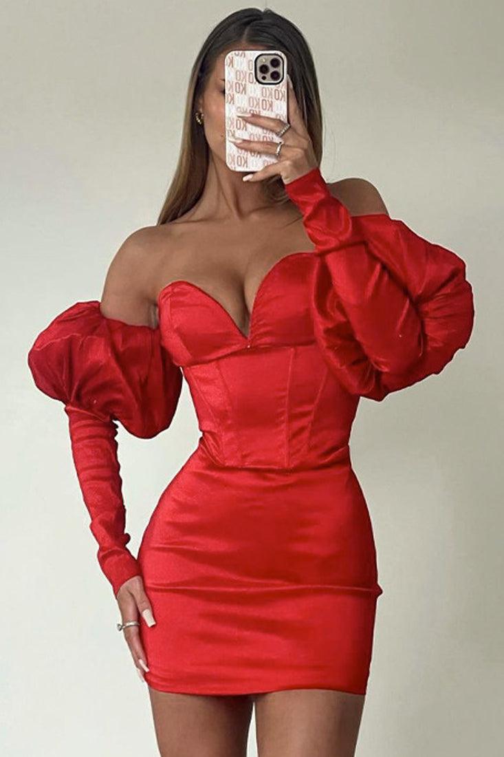 Red Off The Shoulder Long Sleeve Sexy Party Dress - AMIClubwear