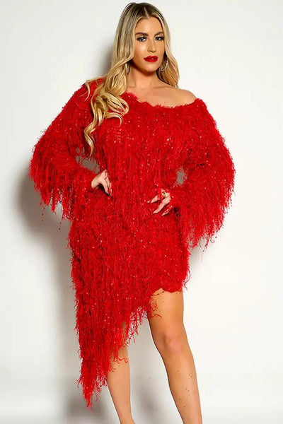 Red Off The Shoulder Long Sleeve Shaggy Dress - AMIClubwear