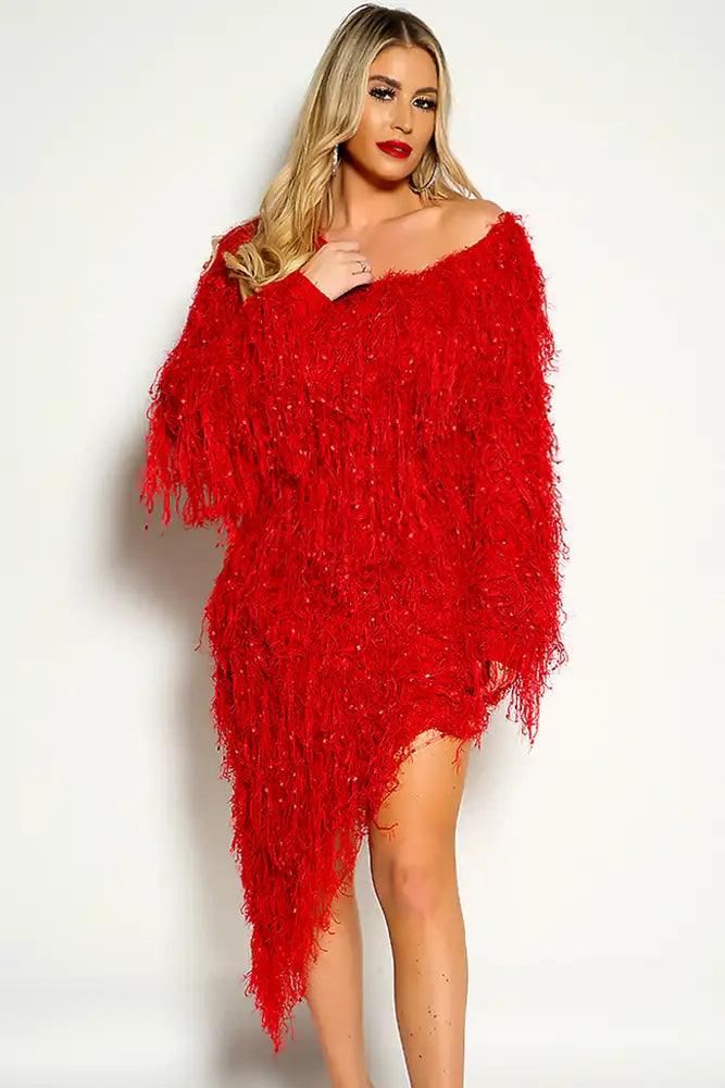 Red Off The Shoulder Long Sleeve Shaggy Dress - AMIClubwear