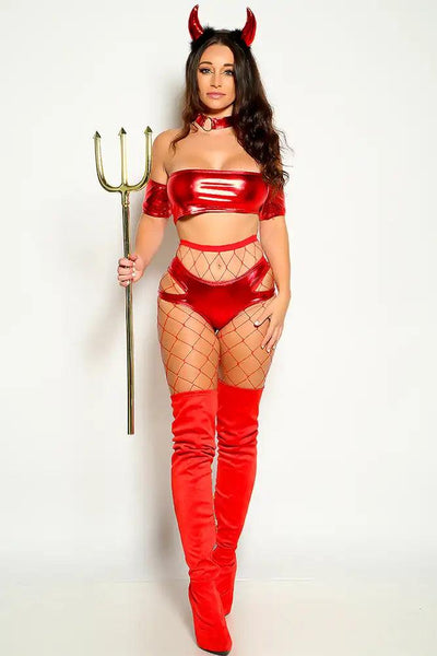 Red Off The Shoulder Metallic Cut Out 4 Piece Devil Costume - AMIClubwear