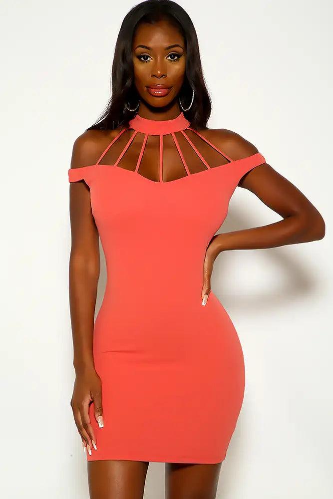 Red Off The Shoulder Mock Neck Strappy Party Dress - AMIClubwear