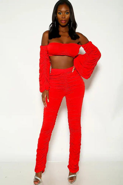 Red Off the shoulder Ruched Two Piece Outfit - AMIClubwear