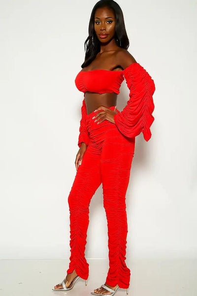 Red Off the shoulder Ruched Two Piece Outfit - AMIClubwear