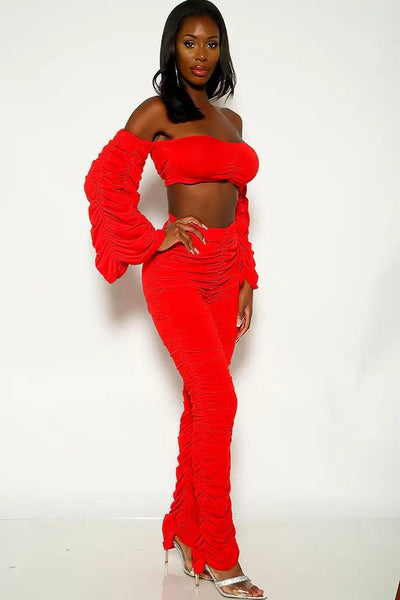 Red Off the shoulder Ruched Two Piece Outfit - AMIClubwear