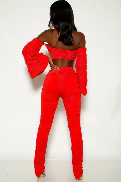 Red Off the shoulder Ruched Two Piece Outfit - AMIClubwear