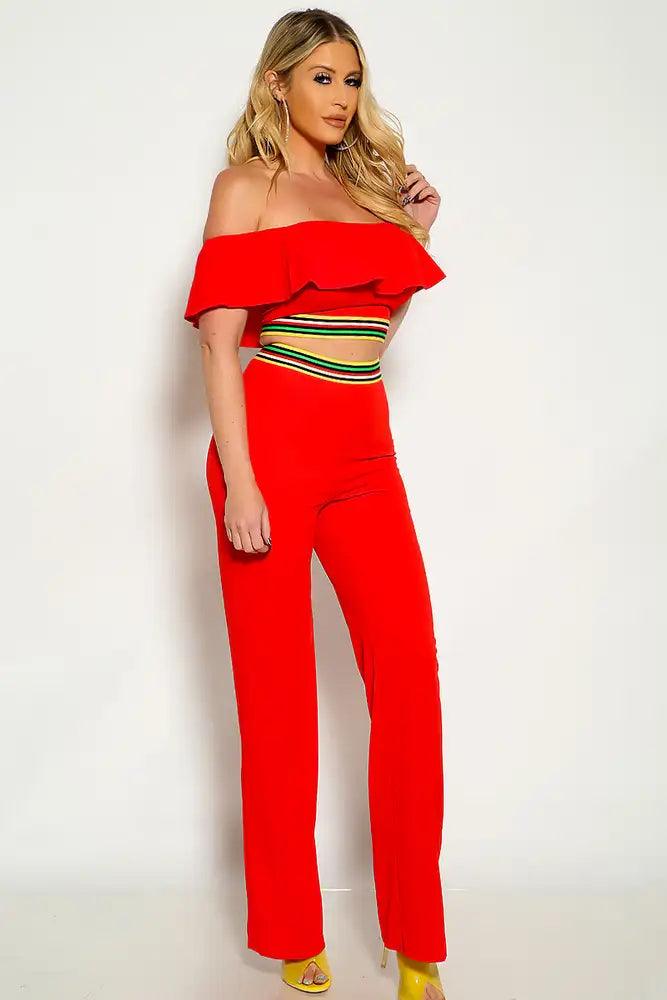 Red Off The Shoulder Ruffled Cropped Flared Two Piece Outfit - AMIClubwear