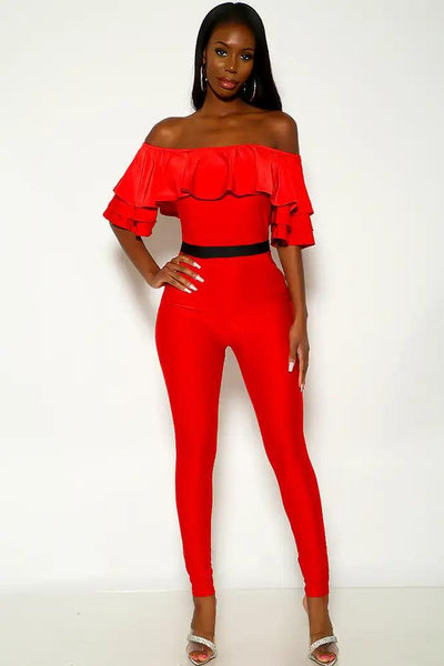 Red Off The Shoulder Ruffled Sexy Jumpsuit - AMIClubwear