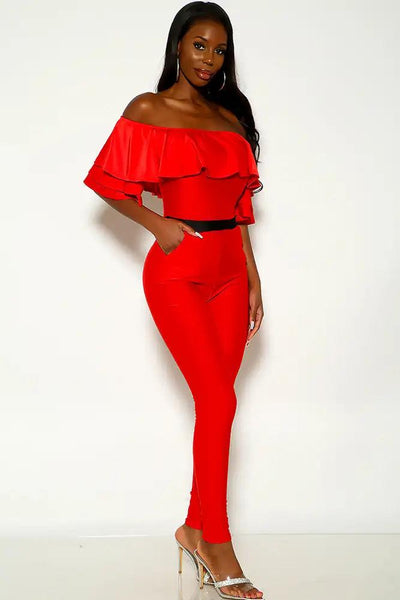 Red Off The Shoulder Ruffled Sexy Jumpsuit - AMIClubwear