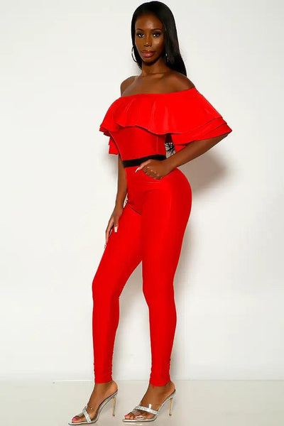 Red Off The Shoulder Ruffled Sexy Jumpsuit - AMIClubwear