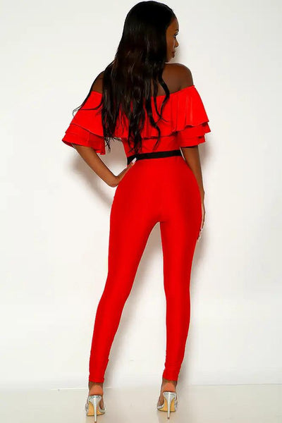 Red Off The Shoulder Ruffled Sexy Jumpsuit - AMIClubwear