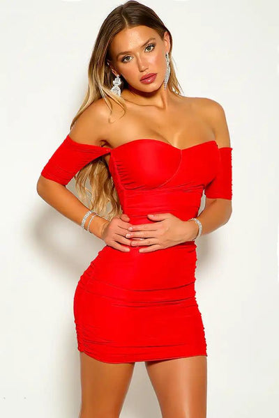 Red Off The Shoulder Short Sleeve  Double Layer Party Dress - AMIClubwear