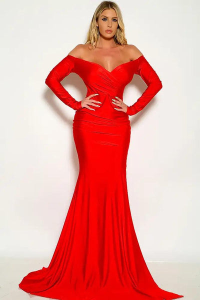 Red Off The Shoulder Surplice Maxi Cocktail Dress - AMIClubwear