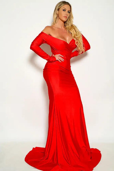 Red Off The Shoulder Surplice Maxi Cocktail Dress - AMIClubwear