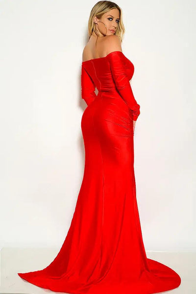 Red Off The Shoulder Surplice Maxi Cocktail Dress - AMIClubwear