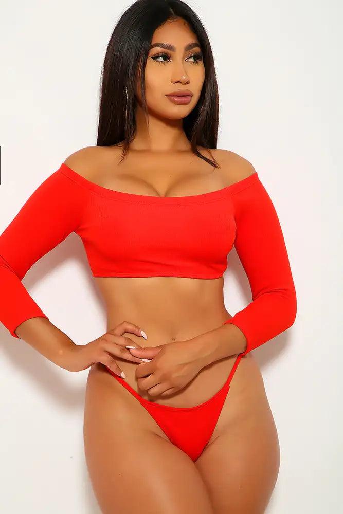 Red Off The Shoulder Two Piece Swimsuit - AMIClubwear