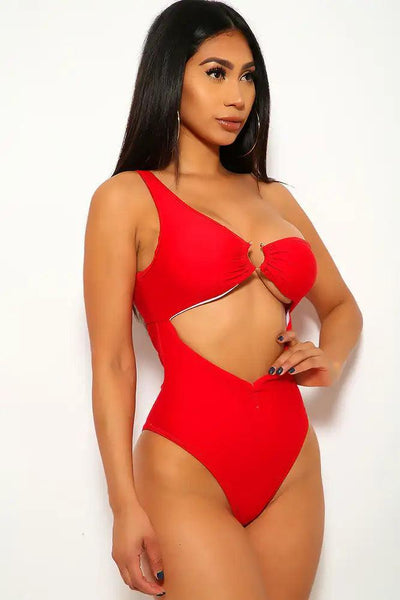 Red One Shoulder Cut Out Monokini - AMIClubwear
