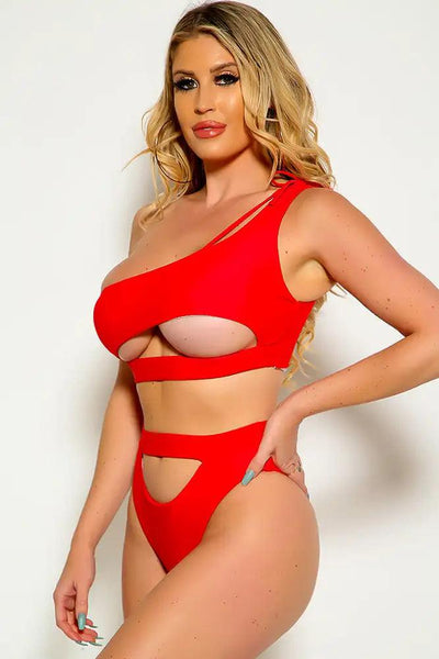 Red One Shoulder Cut Out Two Piece Swimsuit - AMIClubwear