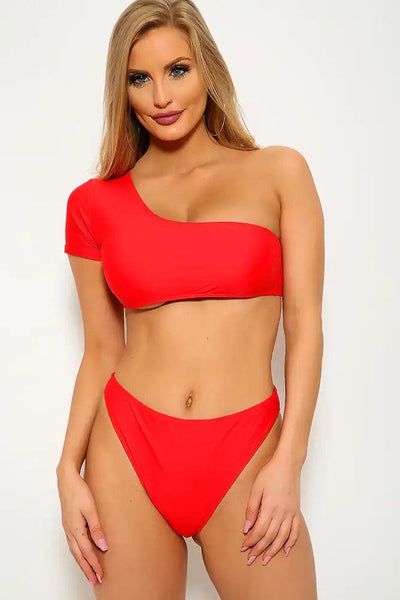 Red One Shoulder High Waist Cheeky Two Piece Swimsuit - AMIClubwear
