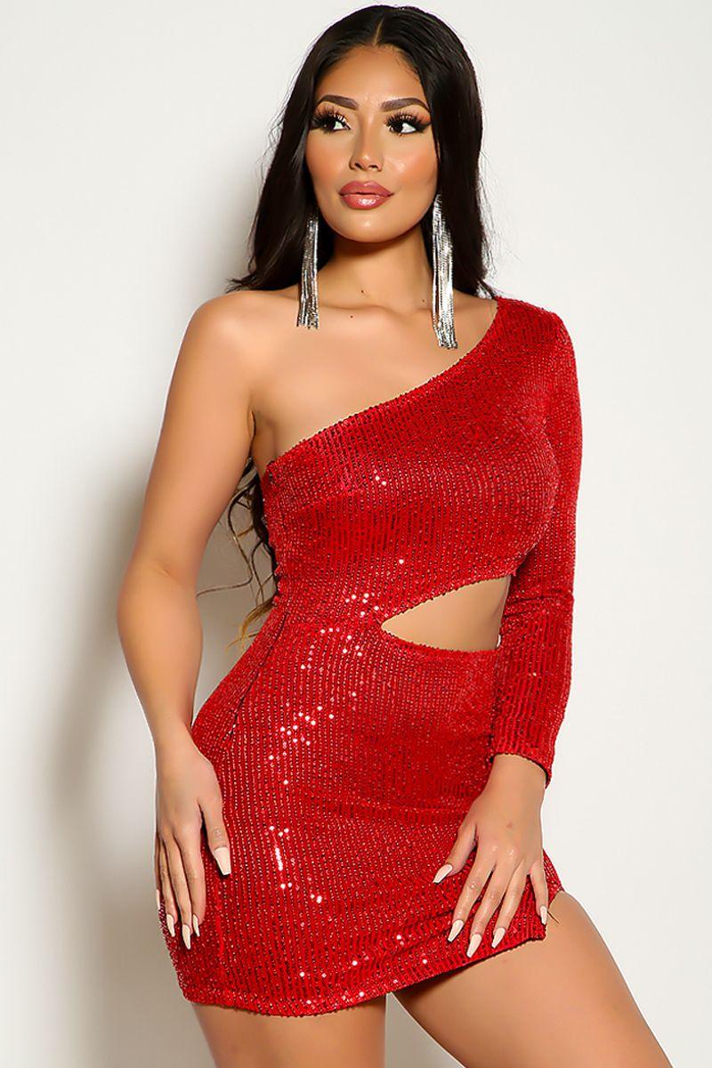Red One Shoulder Long Sleeve Cut Out Sequins Party Dress - AMIClubwear