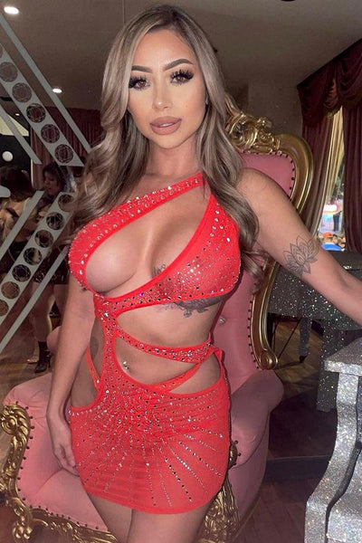 Red One Shoulder Mesh Rhinestone Cut Out Two Piece Sexy Party Dress - AMIClubwear