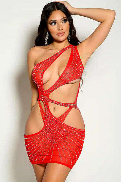 Red One Shoulder Mesh Rhinestone Cut Out Two Piece Sexy Party Dress - AMIClubwear