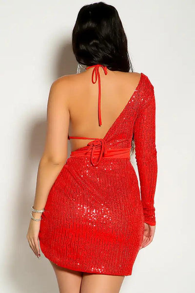 Red One Shoulder Sequins O-ring Side Slit Two Piece Party Dress - AMIClubwear