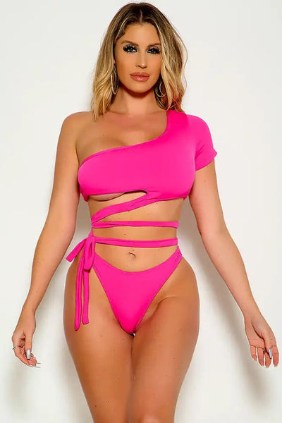 Red One Shoulder Short Sleeve Strappy Wrap Around Two Piece Swimsuit - AMIClubwear