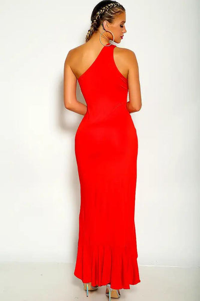 Red One Shoulder Side Knot Ruffled Side Slit Dress - AMIClubwear