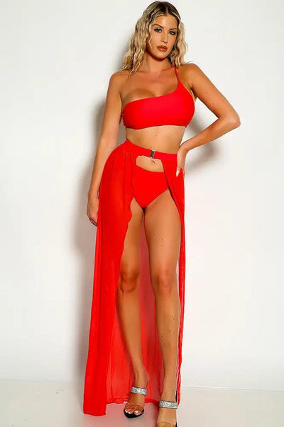 Red One Shoulder Sleeveless Maxi Mesh Skirt Three Piece Swimsuit Set - AMIClubwear