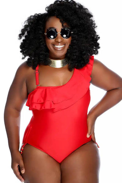 Red One Shoulder Strap Ruffle Beaded Detail One Piece Swimsuit Plus - AMIClubwear