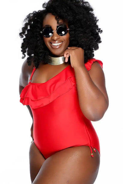 Red One Shoulder Strap Ruffle Beaded Detail One Piece Swimsuit Plus - AMIClubwear