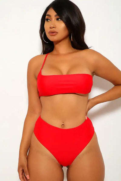 Red One Shoulder Two Piece Swimsuit - AMIClubwear