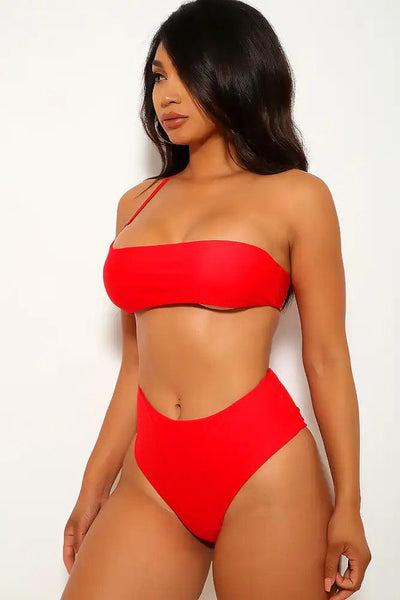 Red One Shoulder Two Piece Swimsuit - AMIClubwear