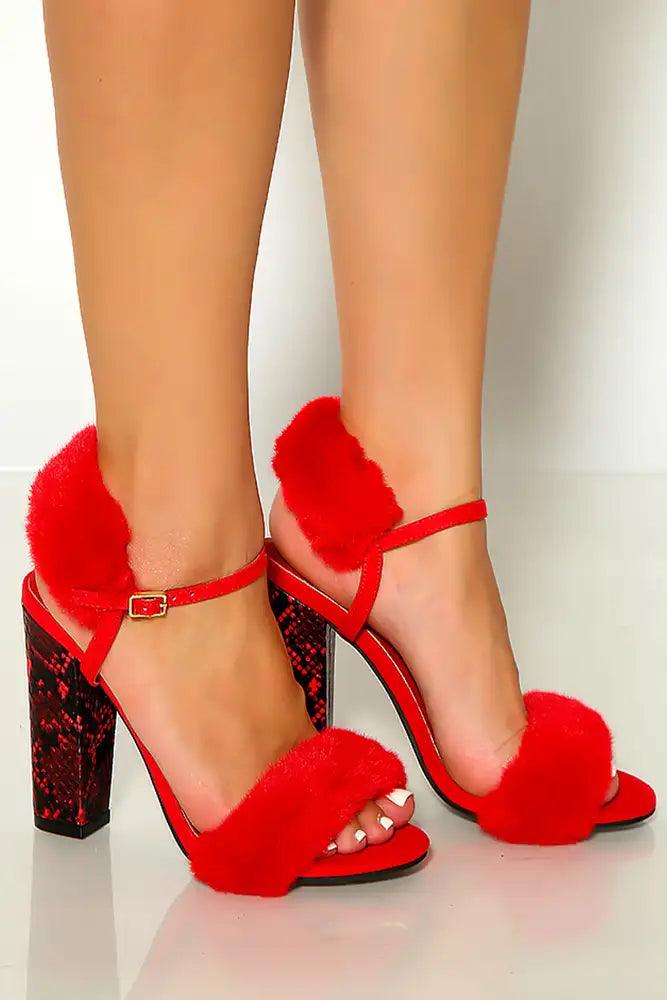 Red Open Toe Ankle Strap Faux Fur Chunky High Heels - AMIClubwear