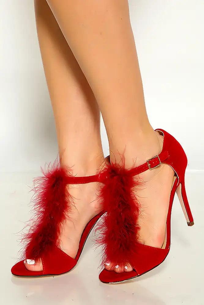 Red Open Toe Feathered Single Sole High Heels - AMIClubwear
