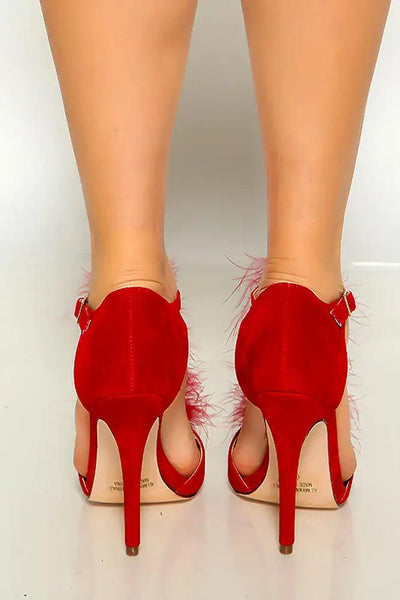 Red Open Toe Feathered Single Sole High Heels - AMIClubwear