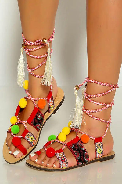 Red Open Toe Lace Up Pom Pom Detail Sandals - AMIClubwear