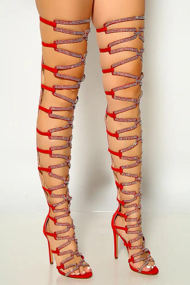 Red Open Toe Rhinestone Gladiator Thigh High High Heel - AMIClubwear