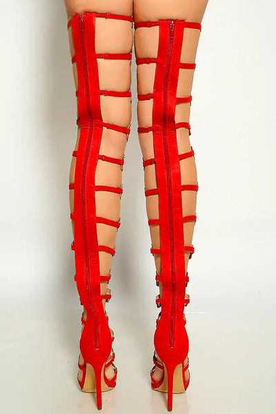 Red Open Toe Rhinestone Gladiator Thigh High High Heel - AMIClubwear