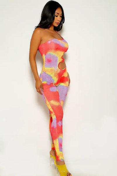 Red Orange Cut Out Two tone Jumpsuit - AMIClubwear