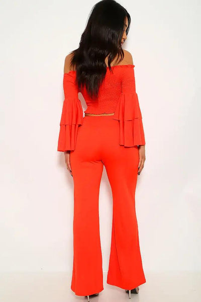Red Orange Smocked Off The Shoulder Two Piece Outfit - AMIClubwear