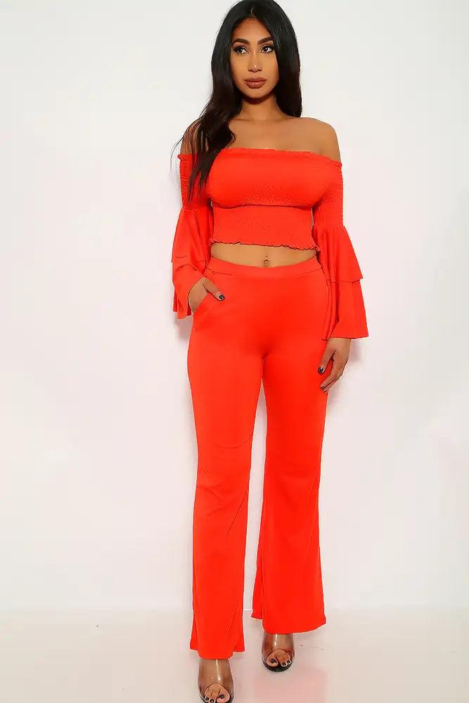 Red Orange Smocked Plus Size Two Piece Outfit - AMIClubwear