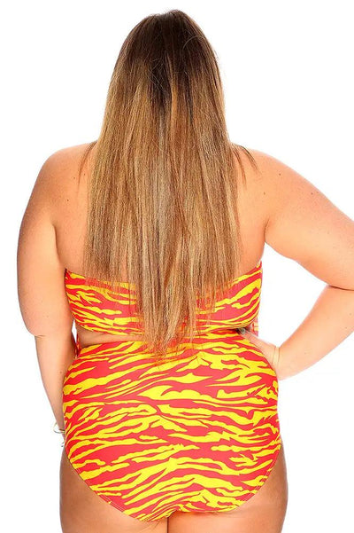 Red Orange Zebra Print Fringe Accent Plus Size High Waist Swimsuit - AMIClubwear