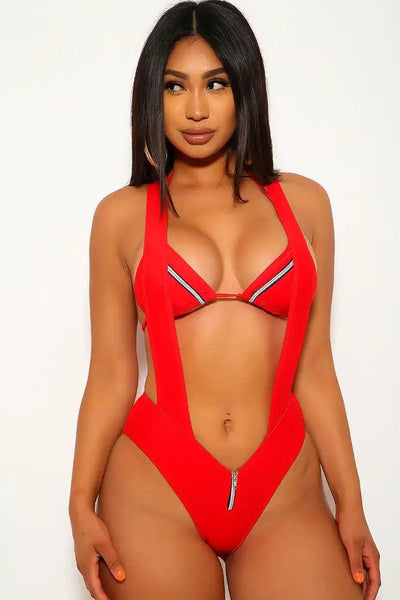 Red Overalls Front Zipper Two Piece Swimsuit - AMIClubwear